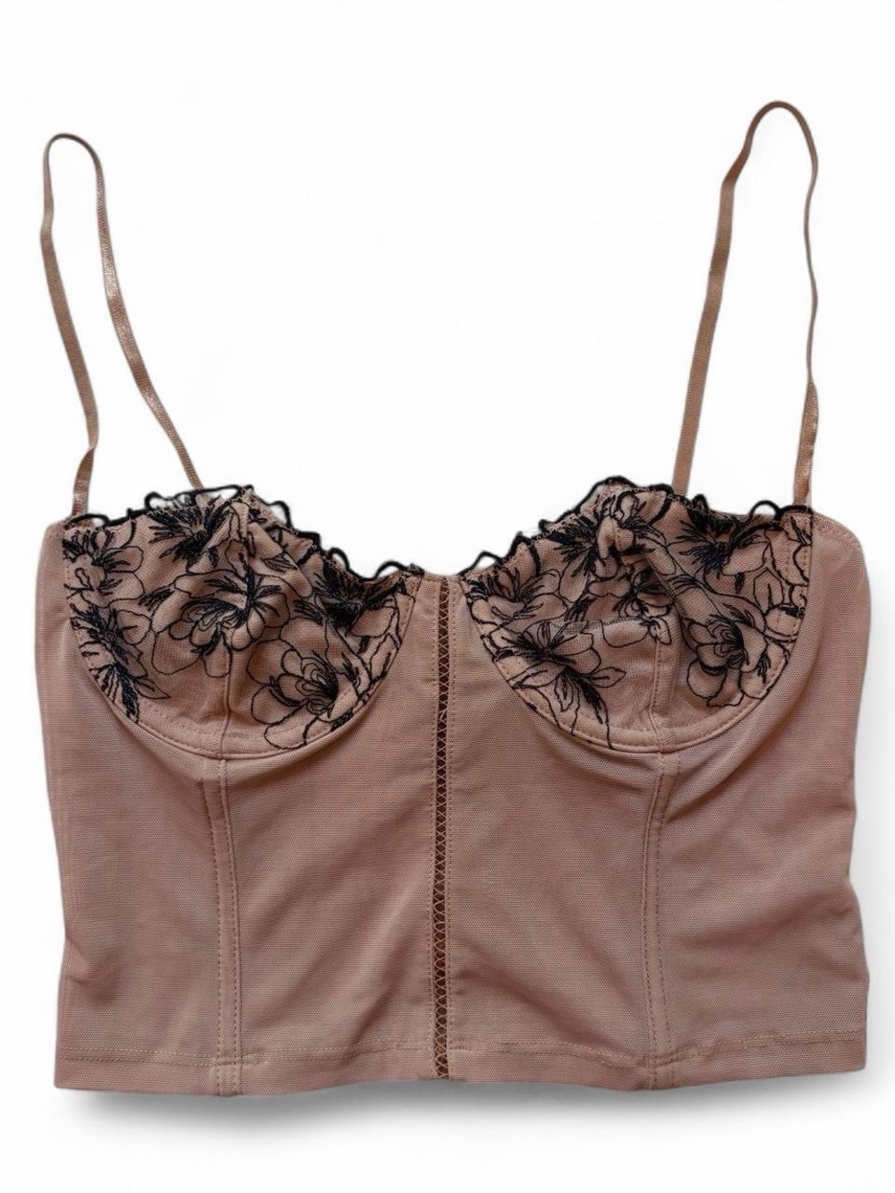 Longline Lace-Trim Bustier Corset Top in Mauve with Black Embroidery